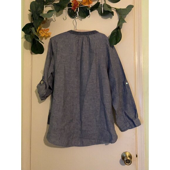 Artisan NY 1X 100% Linen Tunic Top Blue Long Sleeve Embroidered Boho Peasant Blo - Picture 13 of 13
